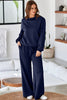 Dusk Blue Solid Color Cowl Neck Drawstring Pullover Wide Leg Athleisure Pants Set