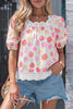 Pink Polka Dot Lace Trim Square Neck Puff Sleeve Blouse