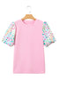 Pink Round Neck Textured Contrast Floral Bubble Sleeve Blouse