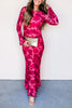 Red Floral Print Cuff Hem Serging Long Sleeve Sheath Dress
