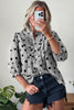Sky Blue Polka Dot Print Ruffle Stand Neck 3/4 Sleeve Shift Shirt