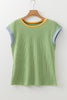 Grass Green Color Block Corded Knit Crew Neck Tee
