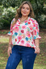 Pink Plus Size Floral Print Ruched Short Sleeve Blouse