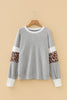 Gray Leopard Print Colorblock Patchwork Ribbed Knit Top