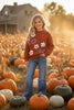 RUST KNIT SWEATER WITH EMBROIDERED PUMPKINS & FLOWERS.
