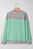 Sea Green Twisted Ribbed Contrast Round Neck Striped Patchwork Long Sleeve Top