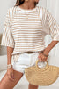 Apricot Stripe Textured Knit Split Hem Half Sleeve Loose Top