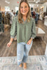 Grass Green Floral Puff Sleeve Contrast V Neck Patchwork Blouse