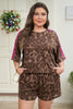 Brown Retro Leopard Print Contrast Varsity Stripe Trim Plus Size 2pcs Short Set