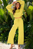 Bright Green Drop Shoulder Puff Sleeve Crop Pullover Drawstring Wide Leg Pants Set