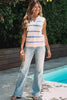 Sky Blue Stripe Split V Neck Collared Ribbed Sweater Vest