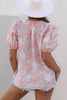 Pink Floral Print Drawstring V Neck Puff Sleeve Loose Blouse