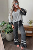 Blue Stripe V Neck Ruffle Contrast Sleeve Top Drawstring Pants 2pcs Set
