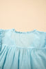 Mist Blue Embroidered Lace Patchwork Tie Neck Puff Short Sleeve Blouse