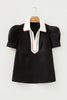 Black Ricrac Trim Color Block Patchwork Shirt Collar Short Sleeve Blouse
