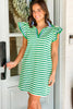 Green Stripe Print Contrast Collar Split Neck Flutter Sleeve Short Dress