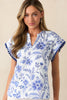 Blue Elegant Floral Print Ricrac Trim Short Sleeve Blouse