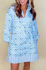 Sky Blue Contrast Striped Trim Floral Shift Fit Fall Dress