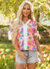 White Floral Colorblock Striped Edge V Neck Knotted Short Sleeve Blouse
