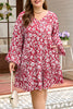 Purple Plus Floral Balloon Sleeve V Neck Relaxed Dress