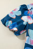 Blue Floral Print Short Puff Sleeve Ruffle Hem Belted Long Dress