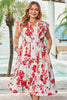 Pink Floral Print V Neck Ruffle Sleeve Plus Size Midi Dress