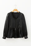 Black Metallic Frilled V Neck Puff Sleeve Babydoll Blouse