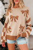 Straw Yellow Ribbon Bow Print Checkered Striped Sleeve Drop Shoulder Sweater