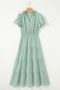 Clearly Aqua Solid Color V Neck Short Puff Sleeve High Waist Tiered Maxi Dress