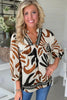 Brown Abstract Print Puff Sleeve Loose Blouse