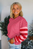 Strawberry Pink Mix Striped Drop Shoulder Patchwork Sleeve V Neck Pullover