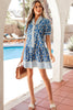 Blue Striped Trim Half Buttons Short Sleeve Floral Dress