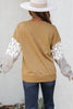 Camel Floral Striped Patchwork Ruffled Sleeve Crew Neck Sweatshirt