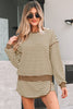 Brown Stripe Textured Drop Shoulder Pullover Top Drawstring Mini Skirt Two Piece Dress Set