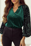 Red Dahlia Sequin Patchwork Sleeve Button Up Velvet Top