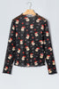 Black Santa Print Sheer Stand Neck Long Sleeve Top