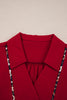 Fiery Red Collar V Neck Leopard Contrasted Trim Textured Blouse