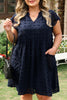 Navy Blue Dotty Textured Notched Neck Plus Ruffled Dress