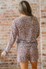 Khaki Leopard Ribbed Long Sleeve Top Drawstring Shorts 2pcs Outfit
