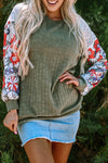 Laurel Green Floral Patchwork Long Sleeve Ribbed Blouse