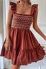 Red Sandalwood Geometric Stitch Shirred Bodice Ruffled Trim Sleeveless Mini Dress