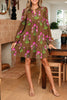 Brown Contrast Floral Print Babydoll Tunic Ruffled Hem Puff Sleeve Dress