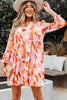 Orange Abstract Print Split Neck Long Sleeve Dress