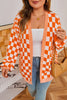 Orange Checkered Bubble Sleeve Drop Shoulder Open Cardigan