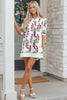 White Frilled V Neck 3/4 Sleeve Loose Floral Dress