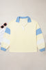 Yellow Cream Raw Seam Color Block Patchwork Plus Size V Neck Pullover