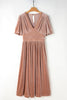 Chestnut Velvet Lacy V Neckline Short Sleeve Empire Waist Flowy Maxi Dress