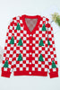 Red Checkered Christmas Tree Pattern Button V Neck Cardigan Sweater