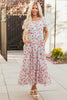 Pink Floral Puff Sleeve Square Neck Empire Waist Tiered Maxi Dress