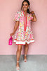 Pink Color Block Floral Print Contrast Trim V Neck Ruffle Hem Mini Dress